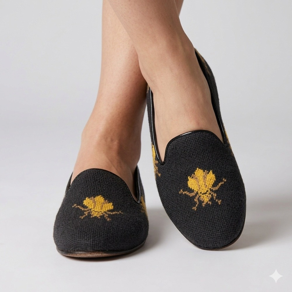 Vintage Zalo Needlepoint Bee Loafers Womens Size 8 Grandmillennial Made in Spain